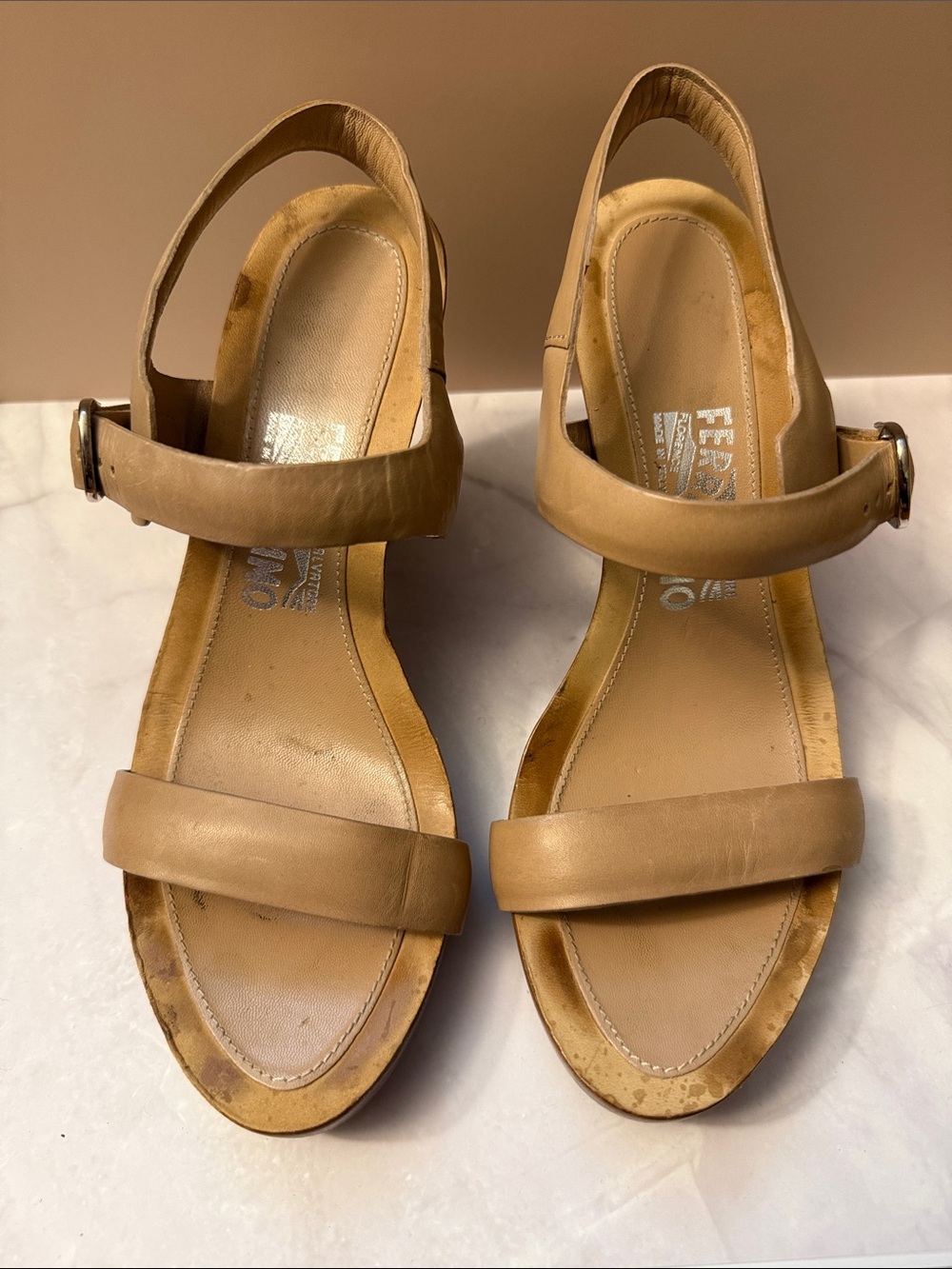 Salvatore Ferragamo Tan Leather Two‑Strap Slingback Sandals